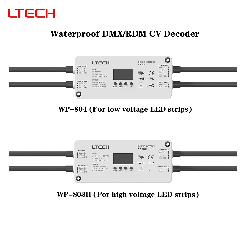 LTECH WP-804 4In1 DC12-24V WP-803H 3In1 AC100-240V Waterproof DMX/RDM CV Decoder For Low/High Voltage DIM CT RGB RGBW LED Strips