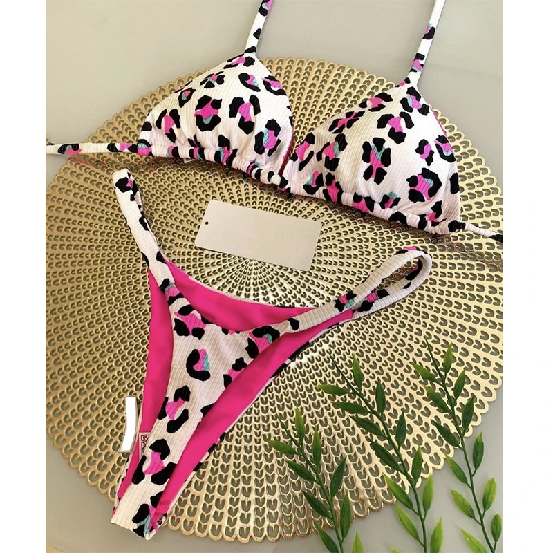 Para Praia Thong Swimsuit Women Halter Micro Bikini Set 2024 Cherry Print Swimwear Biquini Brazilian Bathing Suit Beachwear