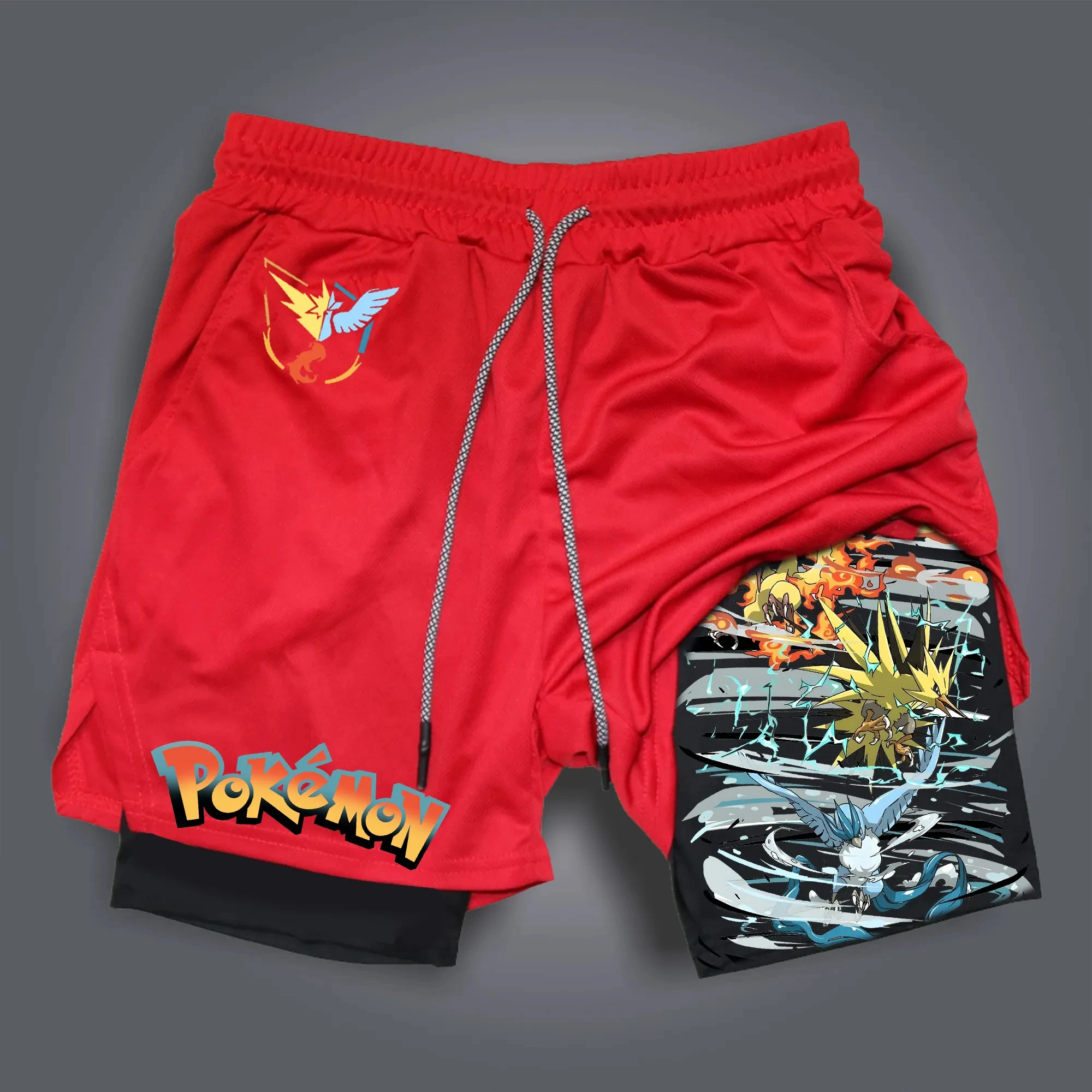 pokemon-pikachu-batalha-cena-shorts-2025-verao-masculino-vermelho-e-preto-shorts-de-duas-camadas-anime-shorts-esportivos-com-bolso-com-ziper
