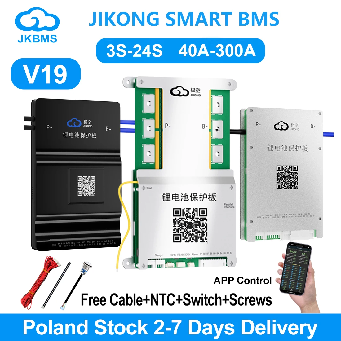 JIKONG V19 JK BMS 4S-24S Smart BMS BT RS485 CAN HEAT 0.4A-2A 12V-100V Active Balance BMS for Li-Ion lifepo4 LTO Battery 40A-300A