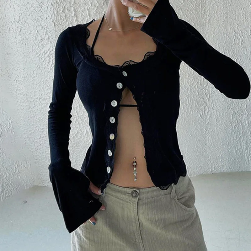 

European American 2022 Breasted Cardigan Exposed Navel Lace Splicing Pure Sexy Sexy Hot Girl Micro Trumpet Sleeve Top weater