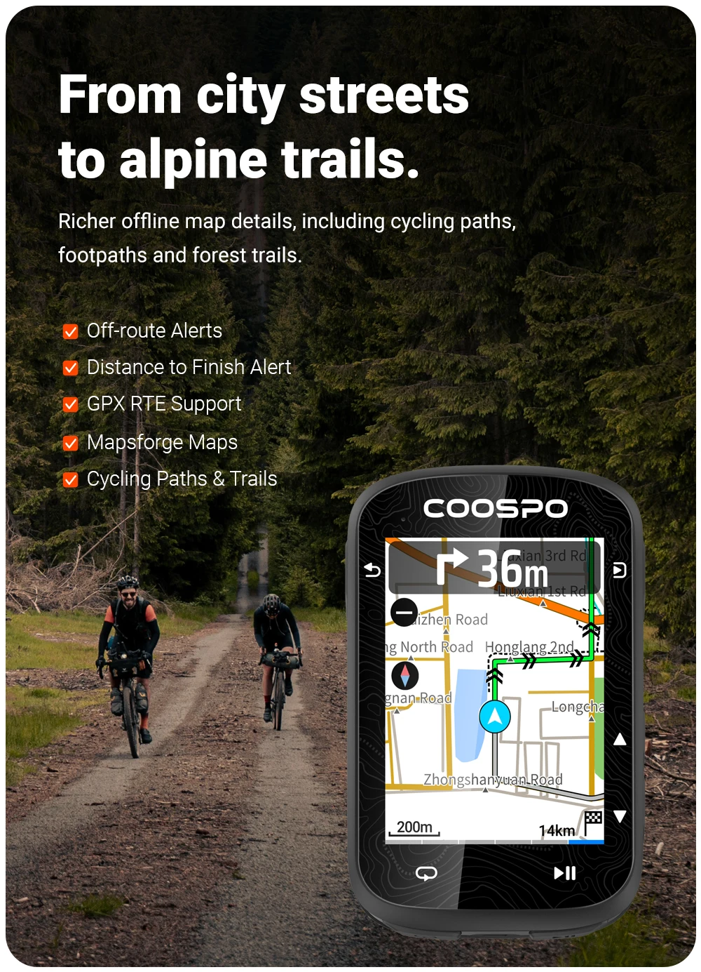 COOSPO CS600 Bunte Karte Touchscreen Fahrradcomputer GPS-Navigation Drahtloser Fahrradcomputer Indoor-Training Kilometerzähler – Detail 5