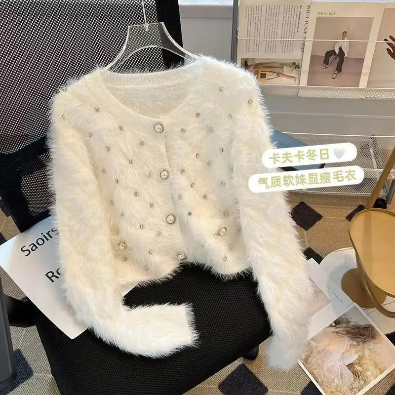 2024 Fashion Bead Imitation Mink Sweater Jacket Women Autumn Winter New Japanese Sweater Long Sleeved Knitt Cardigan Coat Female