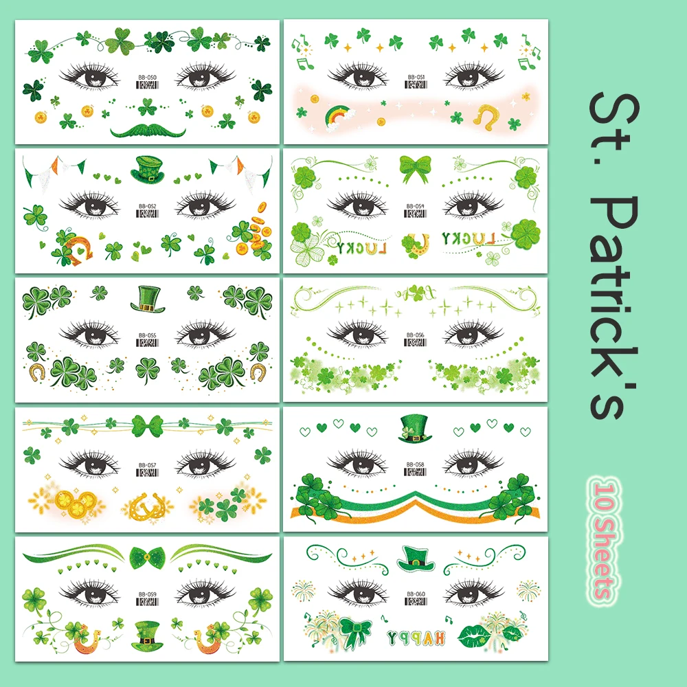 10Pcs St. Patrick's Day Face Temporary Tattoos, Green Clover Lucky Theme Designs Green Hats, Beer, Art Deco Fake Tattoo Stickers