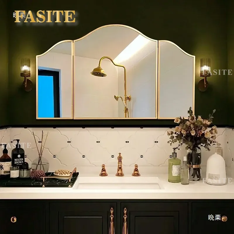 For French Folding Three-Sided Mirror Retro Fireplace Wall Hanging Tri-Fold Cosmetic Art Decorative Mirror Bathroom Vanity