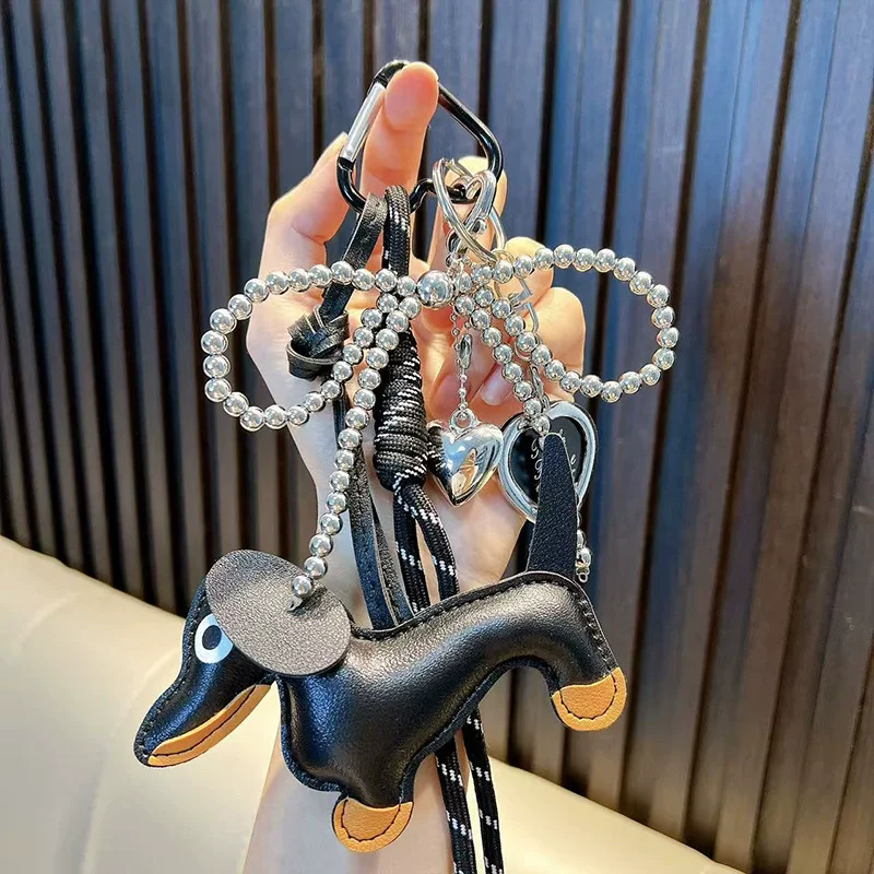 Creative Glossy Leather Sausage Dog Bow Keyring Y2k Long Tassel Love Heart Backpack Pendant Bag Charms Handmade Bag Purse Decor