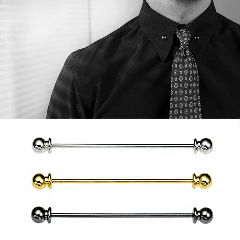 Elegant Metal Ball & Base Men's Tie Pin & Shirt Brooch with One-Line Spiral Collar Bar Clip