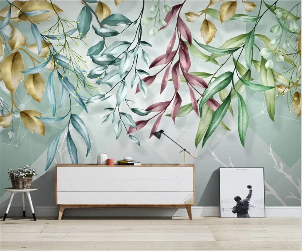 

Custom 3d Wallpaper hand-painted watercolor green leaf and branch background walls home decoration canvas relief material Murals