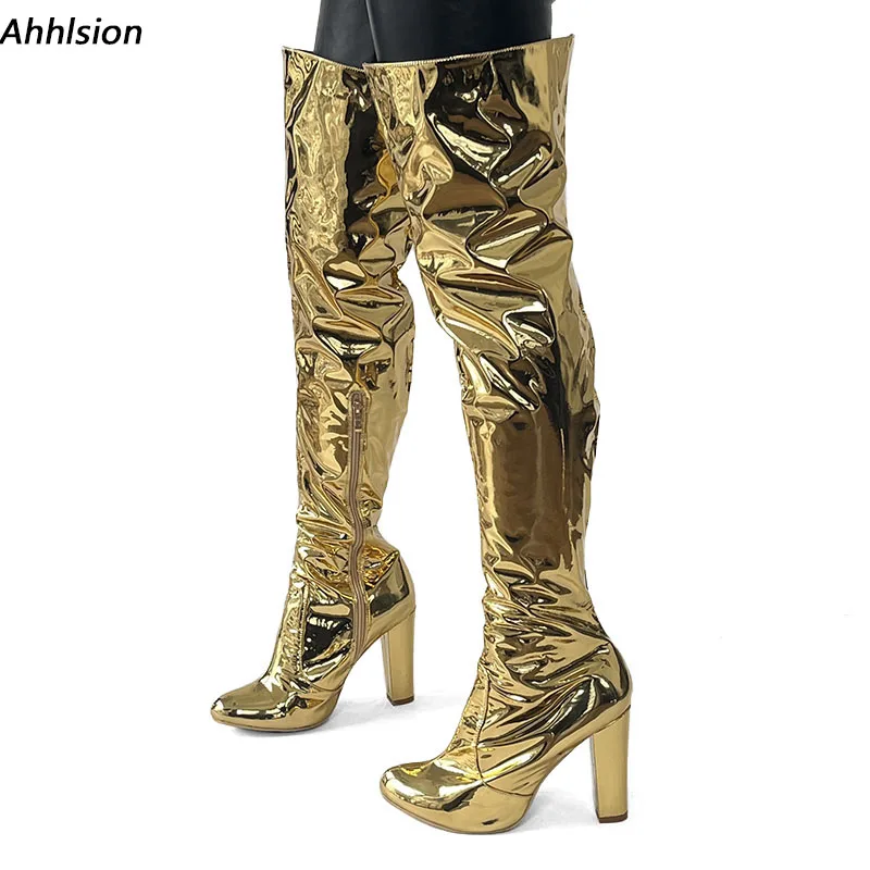 

Ahhlsion/женские зимние сапоги до бедра из лакированной кожи на массивном каблуке с круглым носком, красивые золотистые, серебряные туфли для вечеринок, женские размеры США 5-20