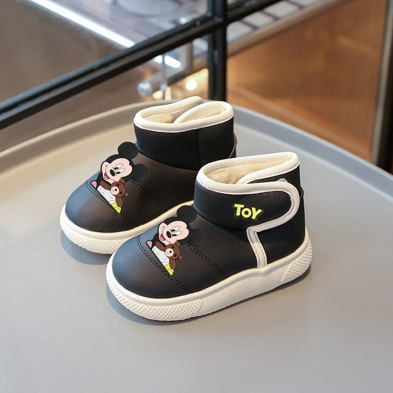 

Disney Mickey mouse boy girl winter toddler shoes pu non-slip cotton boots kids plus fleece casual shoes soft sole first walkers