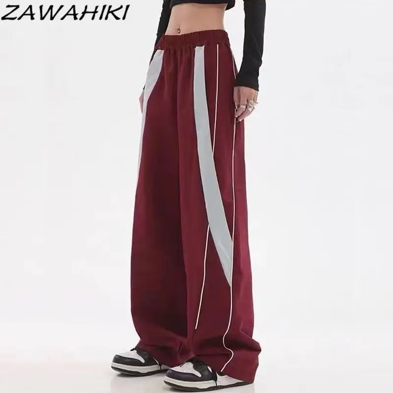 

Joggers Women American Retro Streetwear Hiphop Red Wide Leg Casual Loose Chic Designed Straight Sporty Fashion Y2K Trousers