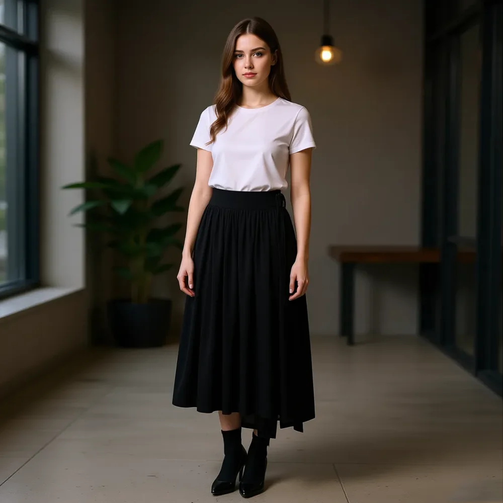 

2026 Summer High‑Waisted Asymmetric A‑Line Maxi Gown Flowing Black Solid‑Color Elegant Evening Skirts Trending Plus Size