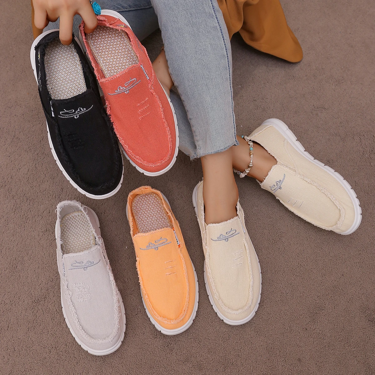 Women's Washed Canvas Slip-On Loafers with Frayed Trim, Casual Distressed Lightweight Flat Shoes, All-Day ComfortDaily Sneakers