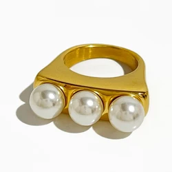 Peri'sBox 316L Stainless Steel Triple Large Simulated Pearls Ring for Women Statement Gold Plated Chunky Jewelry Party Bague