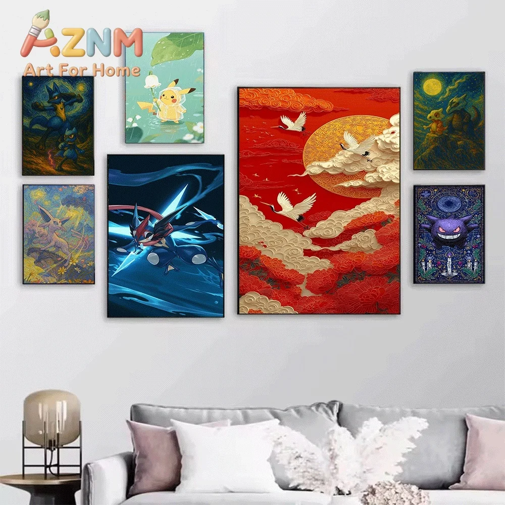 Dark Blue Background Cute Pokemon Starters Group Canvas Wall Art No Frame Anime Print Poster Painting for Kids Bedroom Living