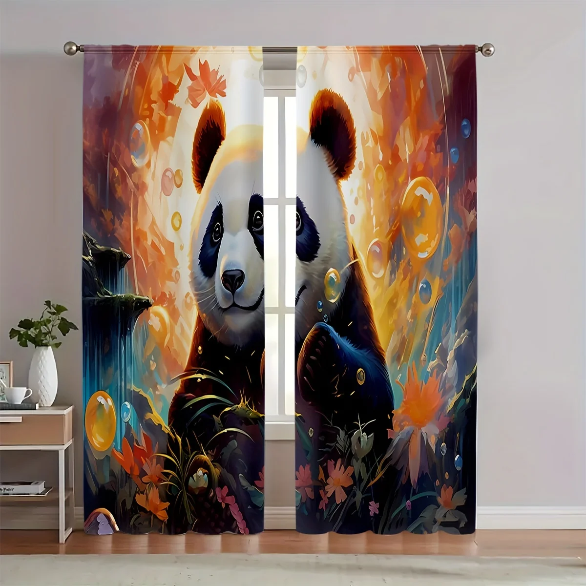 Cute Panda Curtains, Colorful Bubble Graphic Window Drapes, Animal Art Decor, Blackout Fabric for Kids Bedroom Living Room