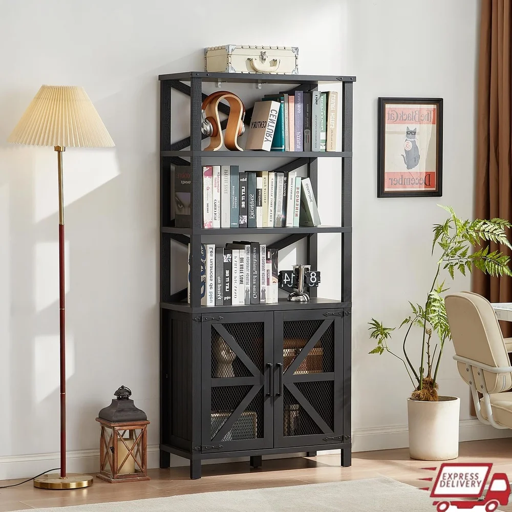 

5 Tier Tall Bookcase with Barn Doors Adjustable Shelves Storage Cabinet Rustic Industrial Style Living Room Office Bedroom