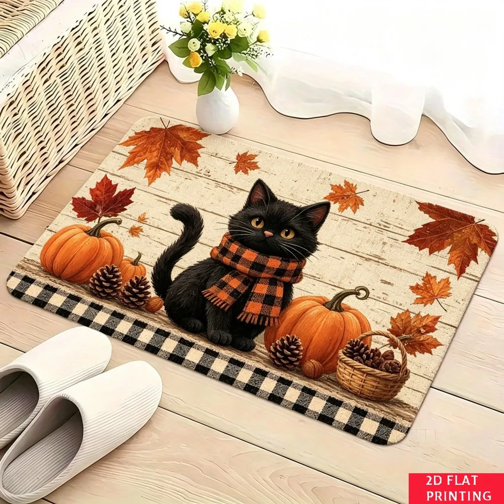 Gnome  Fall Harvest Rug Orange Plaid Border Pumpkin Apple Leaf Print Non Slip Indoor Entrance Mat For Autumn Season Home Decor