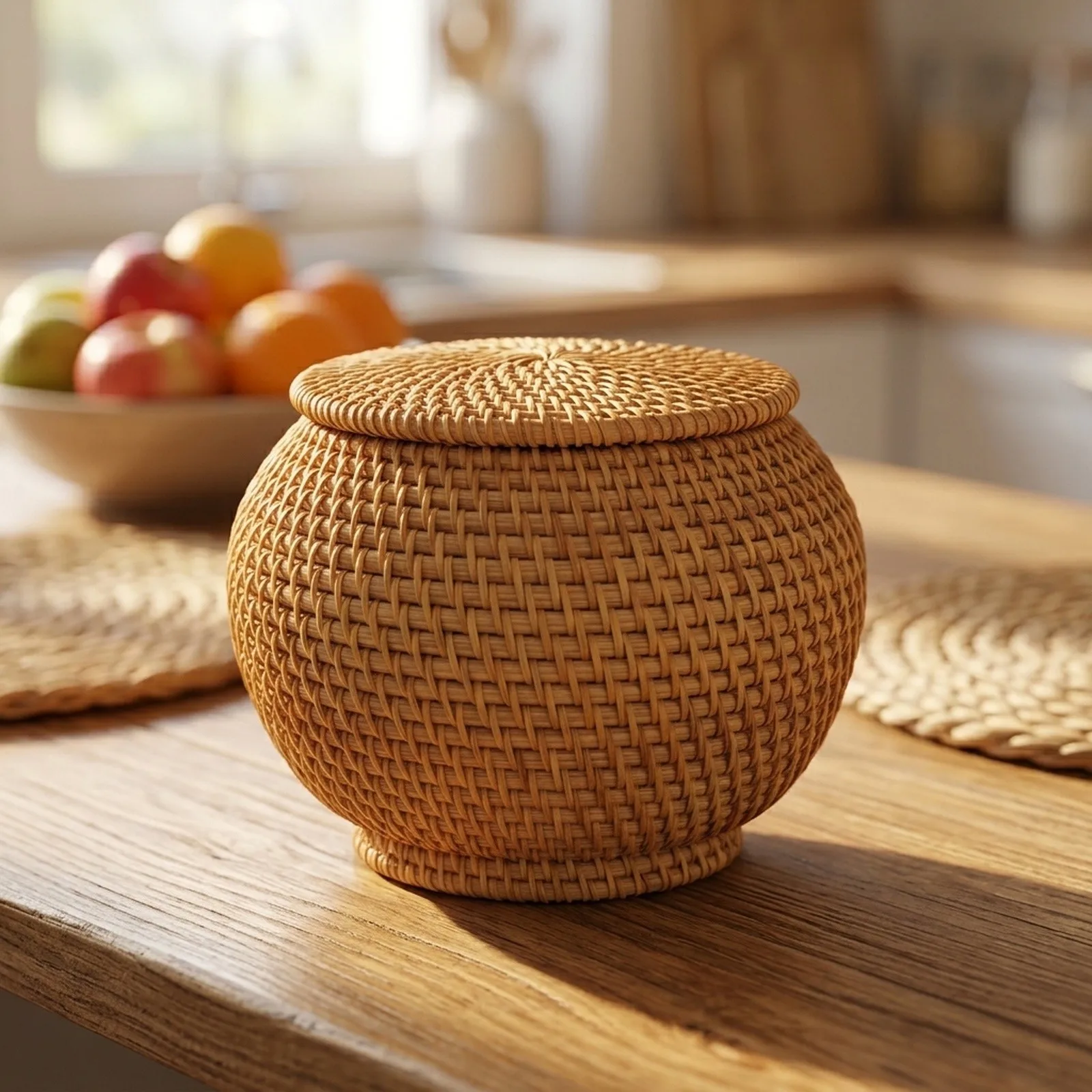 Rattan Storage Basket with Secure Lid for Fruit Snack Candy and Small Object Organization in Kitchens Pantries Living Areas