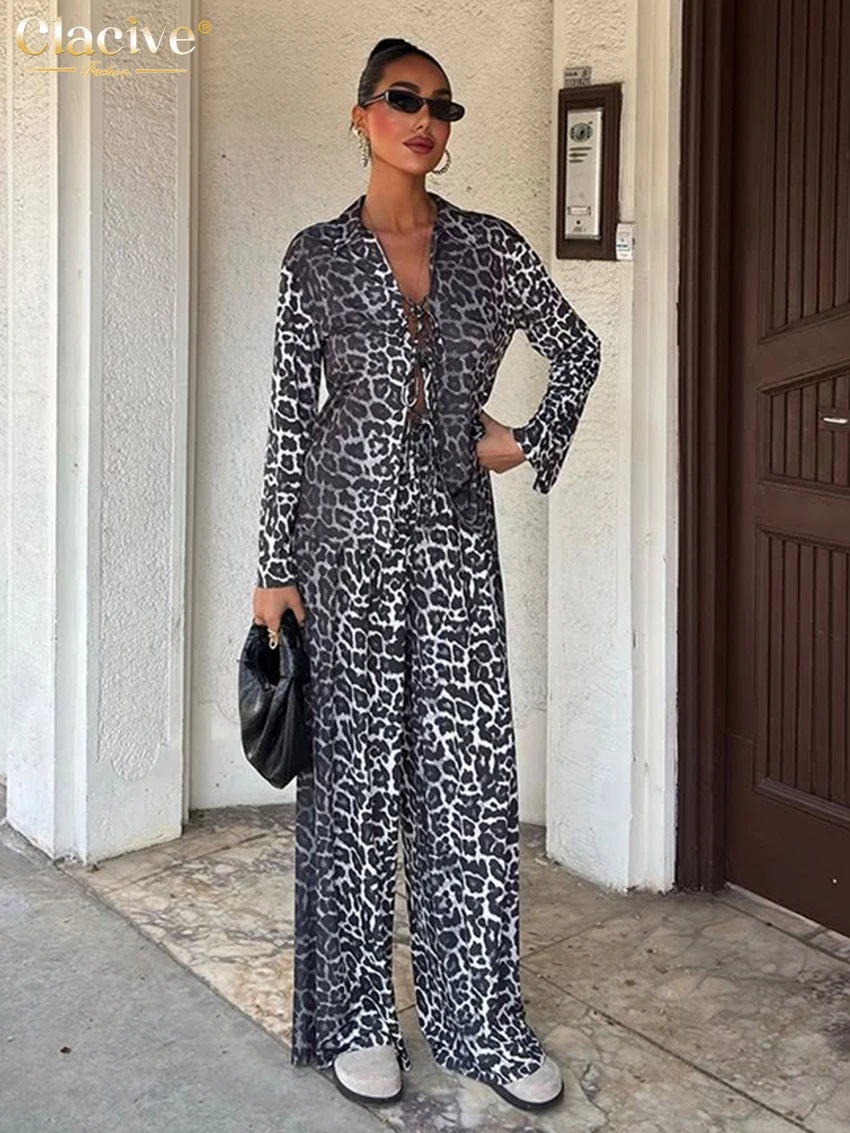 

Clacive Fashion Loose Trousers Set 2 Piece Woman 2025 Elegant Long Sleeve Shirt With High Waist Wide Pants Set Female Clothing