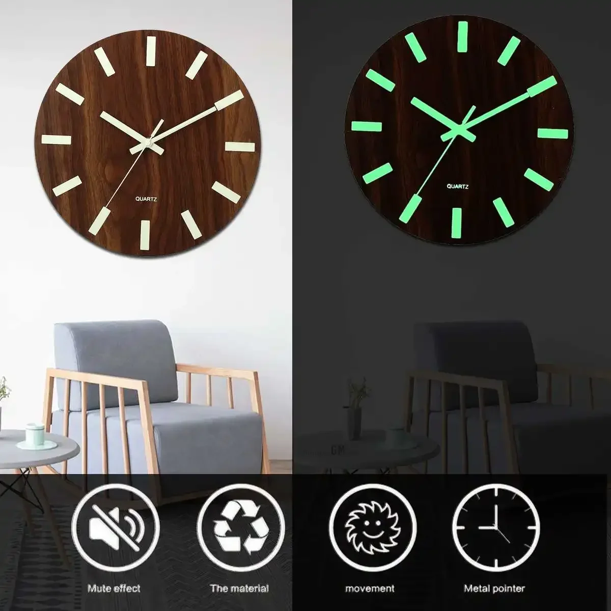 Luminous Wall Clock Modern Design Glow in Dark Decor Wood Quartz Silent 3D Wall Hanging Clock 12 Inch Living Room Bedroom