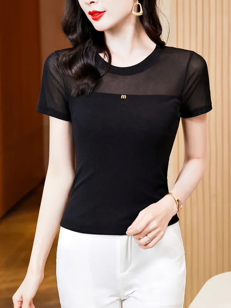

Mesh Tshirt Women Plain Color Simple T-shirts Female Elastic Short Sleeve O Neck Tee Top M-3XL