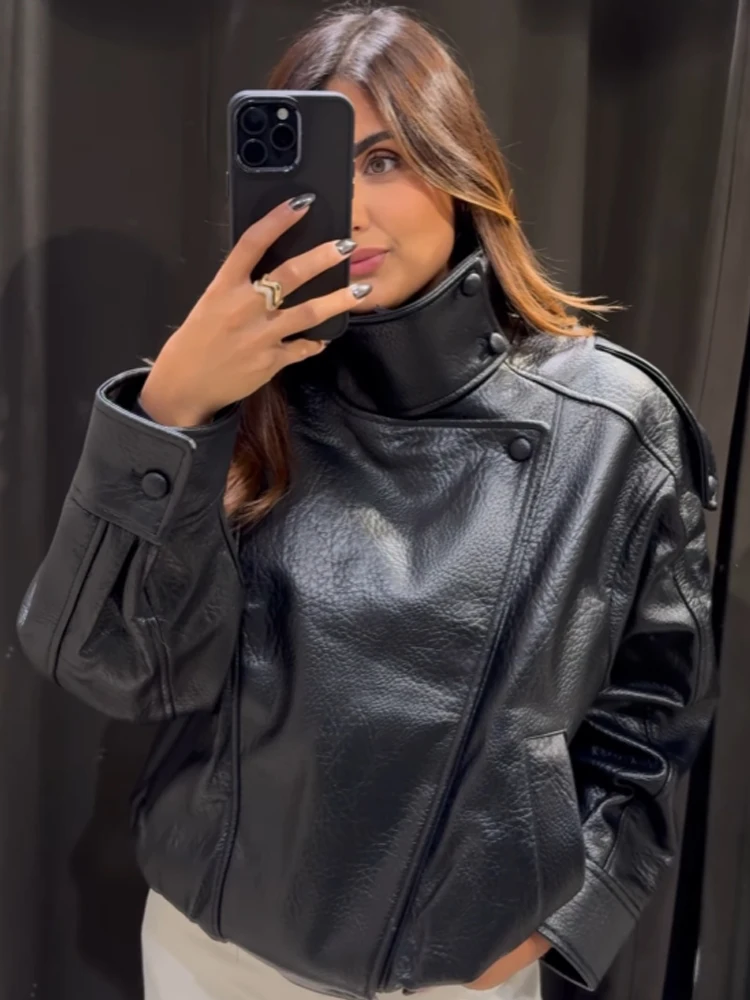 HXAO Kunstleer Zwarte Jassen Voor Vrouw Nieuwe Collectie Cropped Oversize Bomberjack Zip-Up Lange Mouwen Jassen Motorjassen - afbeelding 2