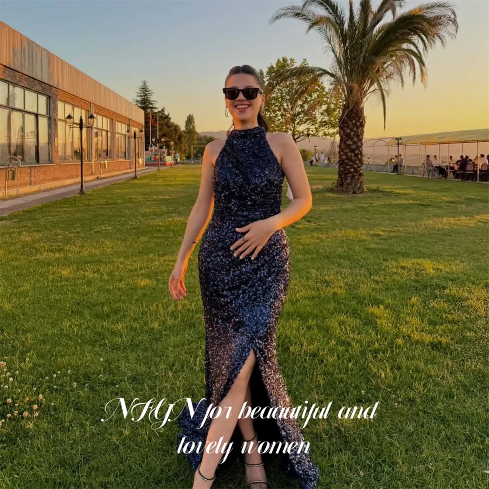 

NFYN Sleeveless Formal Gown Halter Neck Prom Dress Glitter Sequins Mermaid Evening Dresses for Woman with Side Slit Customized