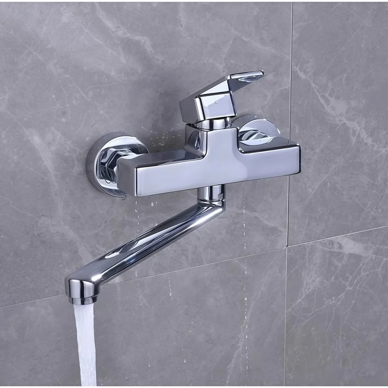 In-Wall Extended Pipe Kitchen Faucet Double Hole Sink Laundry Pool All-Copper Hot and Cold Water Faucet for Home Use
