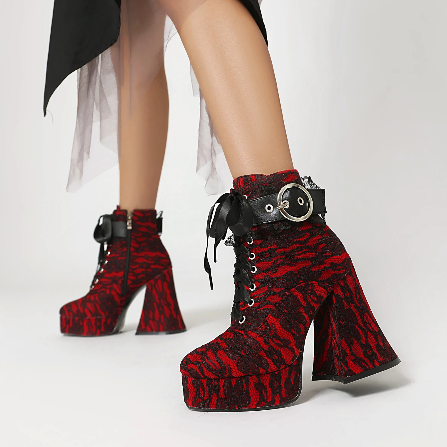 

Punk Platform Heels Winter Ankle Boots with Belt Women 2025 Black Red Bandage Shoes