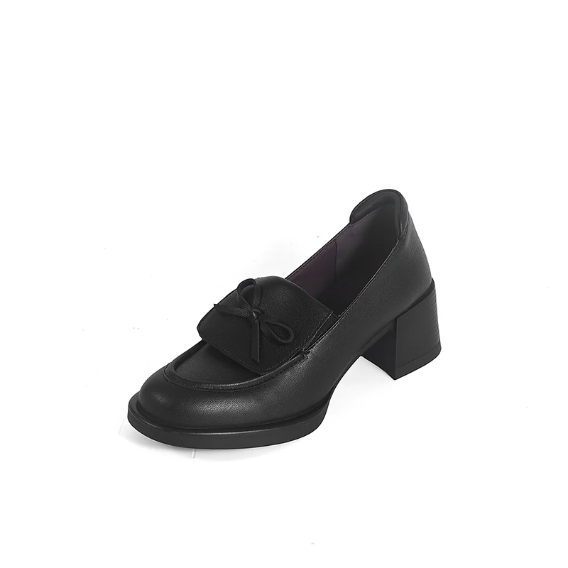 Women's New Spring and Autumn Genuine Leather Round Head Coarse Heel Retro High Heel Bow Sweet Le Fu Shoes Fashion Shoes