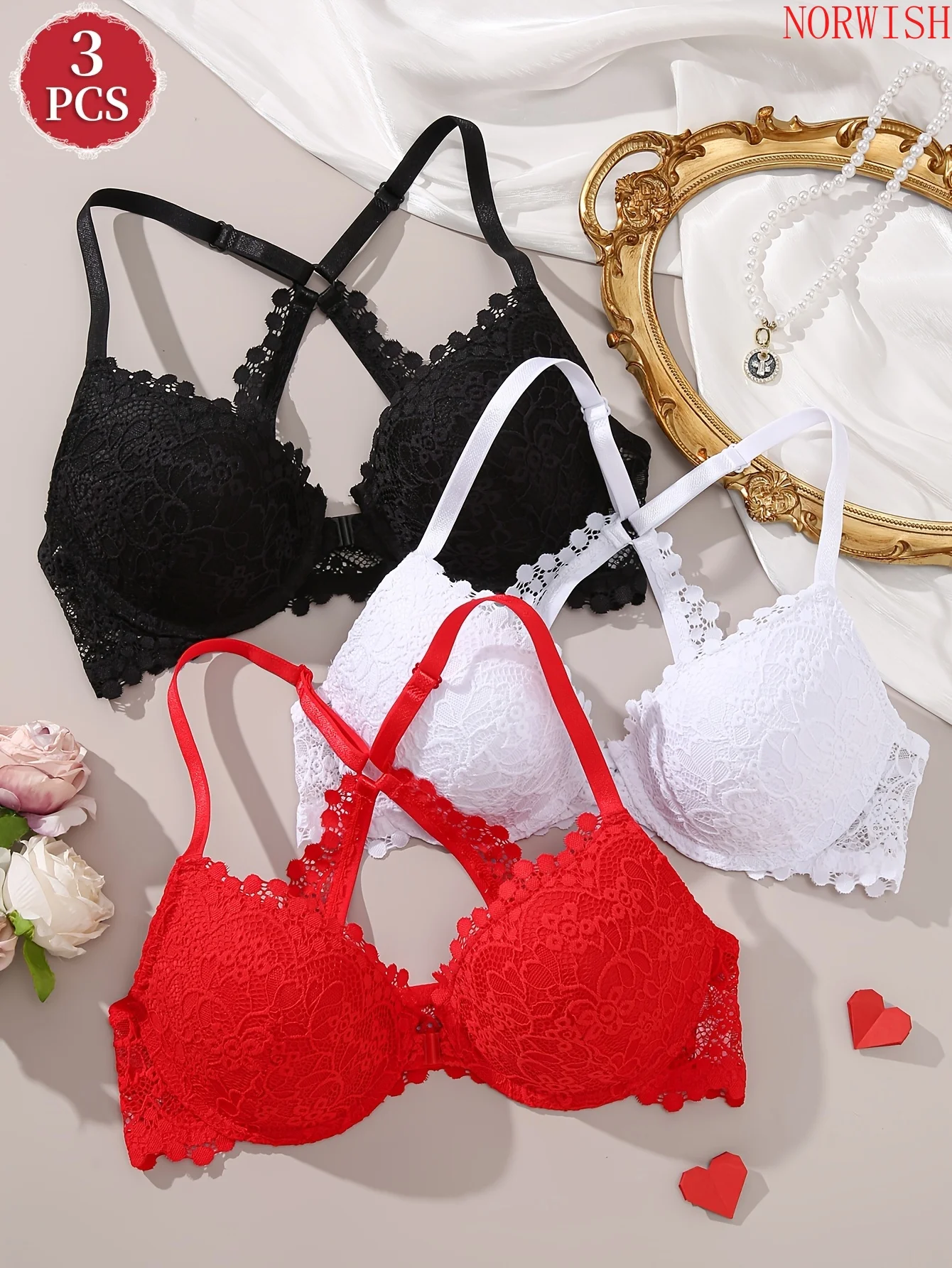 Women 3Pcs Lace Gathering Bra Front Closure Underwire Support Non Detachable Pads Elegant Lifting Lingerie For Daily & Special Occasions
