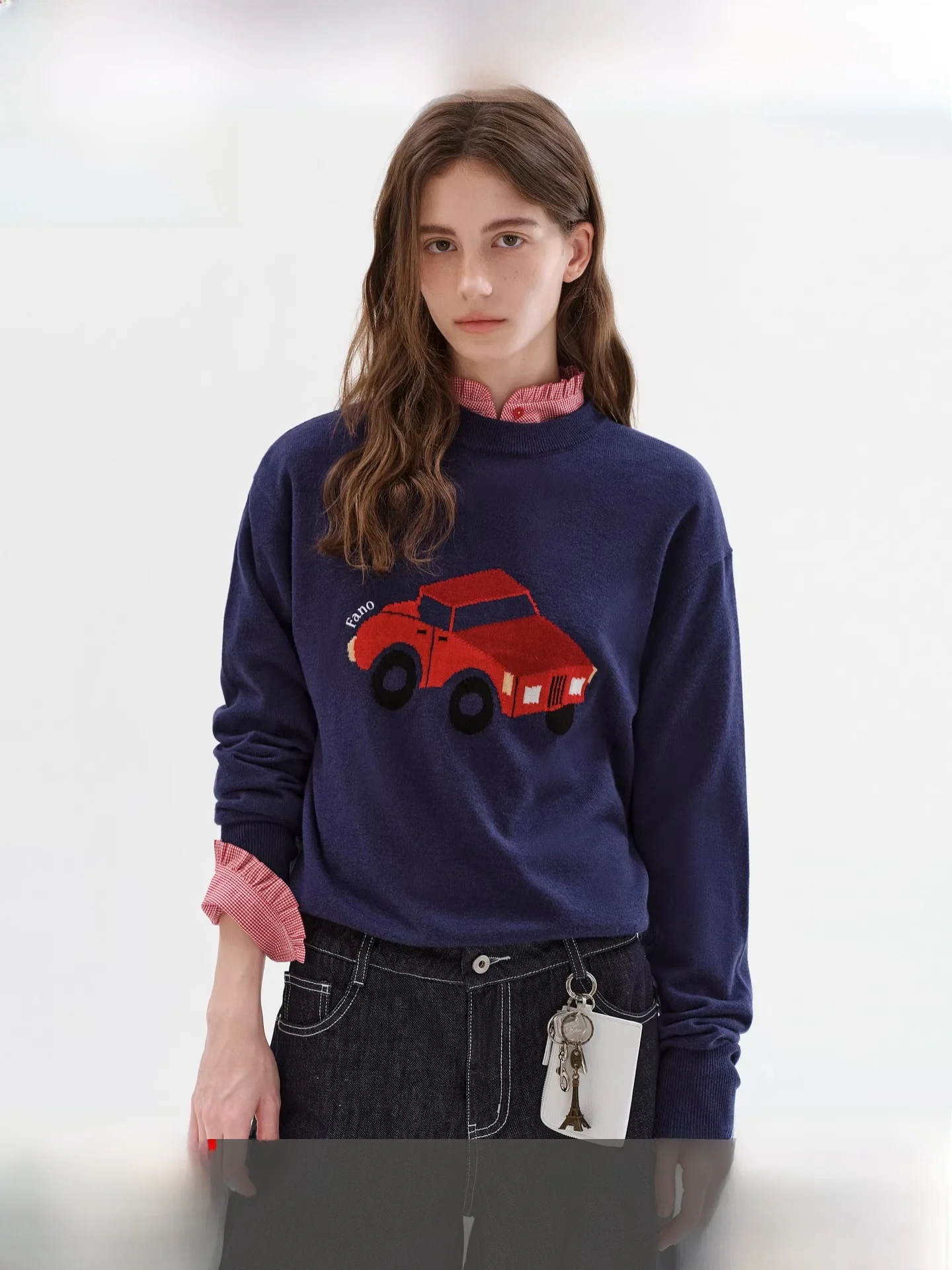 

Fano Knitted Sweater Women's round Ne Overhead Wool Blend Fun Pattern Small Car Tassel Loose Fit Medium Softn Long Sve