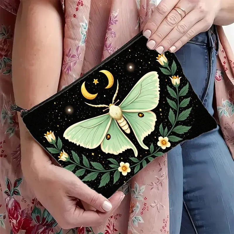 Lightweight and Colorful Makeup Pouch Featuring A Mystical Luna Moth Design and A Smooth Zipper Organizing Cosmetics Bag