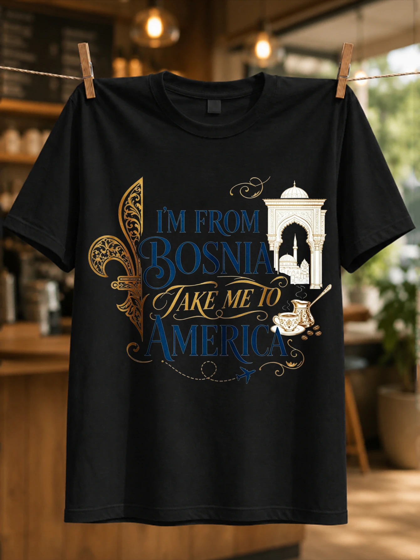 Ornate Bosnia Travel mosque arch coffee cup airplane trail and script lettering elegant blue gold  Unisex All T-Shirt