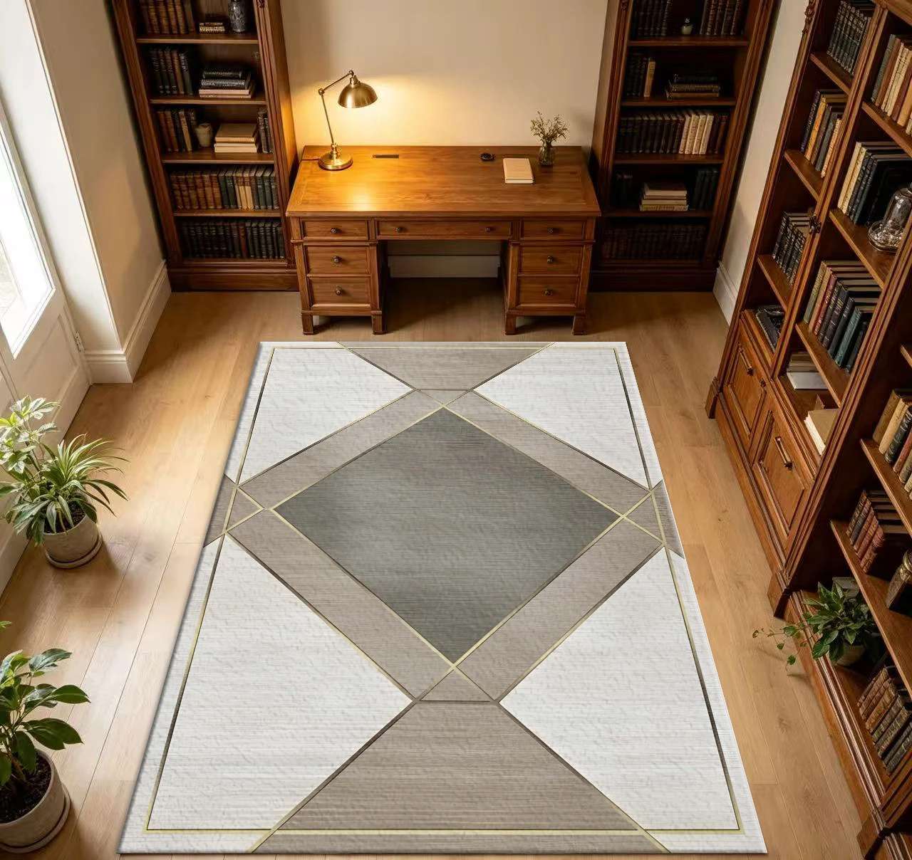 Modern Wood Grain Gold Line Diamond Geometric Pattern Non-Slip Carpet Home Decoration Carpet