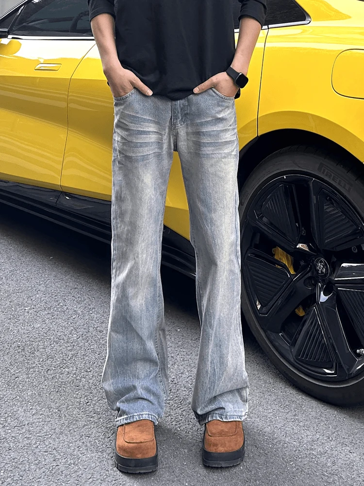 

Men's American Sle Slim Fit Straight Leg Jeans High Waist Lightning Pattern Retro Blue Denim Pants Youth Trendy Cotton Blend