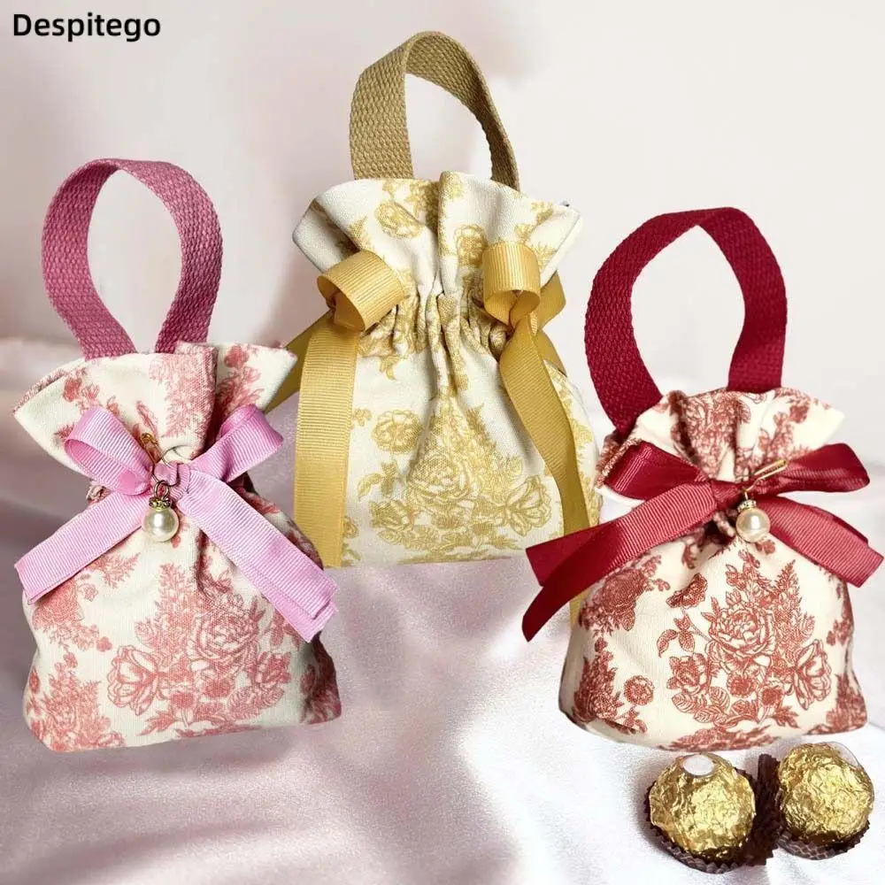 

Satin Bow Canvas Floral Drawstring Bag Korean Style Pearl Pendant Ribbon Bowknot Handbag Jewerly Packing Bag Wedding Candy Bag