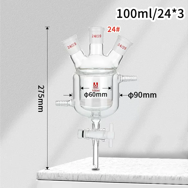 DXY Laboratory Three-mouth Borosilica Glass Double Layer Jacketed Reaction Bottle with PTFE Piston 100/250/500/1000/2000ml