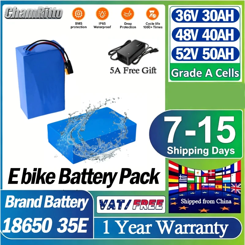 48V Electric Bike Battery 36V52V chamrider Bicycle 25ah 28ah 35ah 50ah Lithium Battery 60A BMS 250W-2000W E-Scooter Battery pack