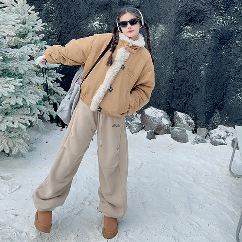 

Girl Winter Thickened Fur Collar Warm Jacket Girl Insulated Fleece Clothes Set 4-14Y Kid 2Piece Of Coat Top+Long Pants Bottom