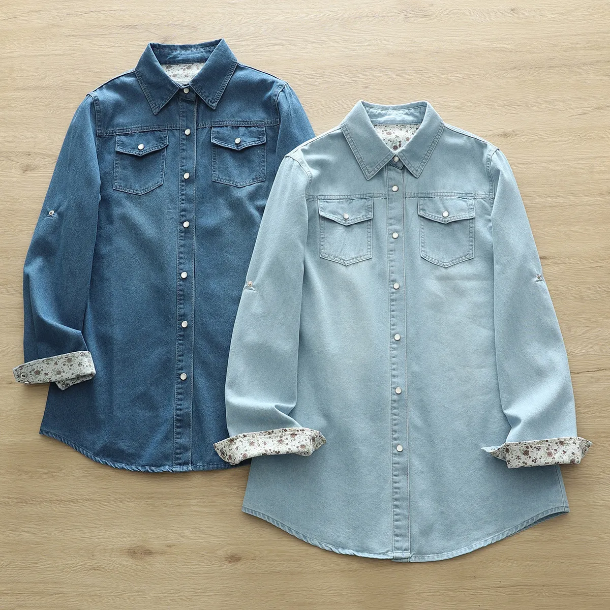 

Весенне-осенняя женская джинсовая рубашка с цветочным пэчворком, длинным рукавом, отложным воротником, на одной пуговице, из хлопка, повседневная, средней длины, блузка