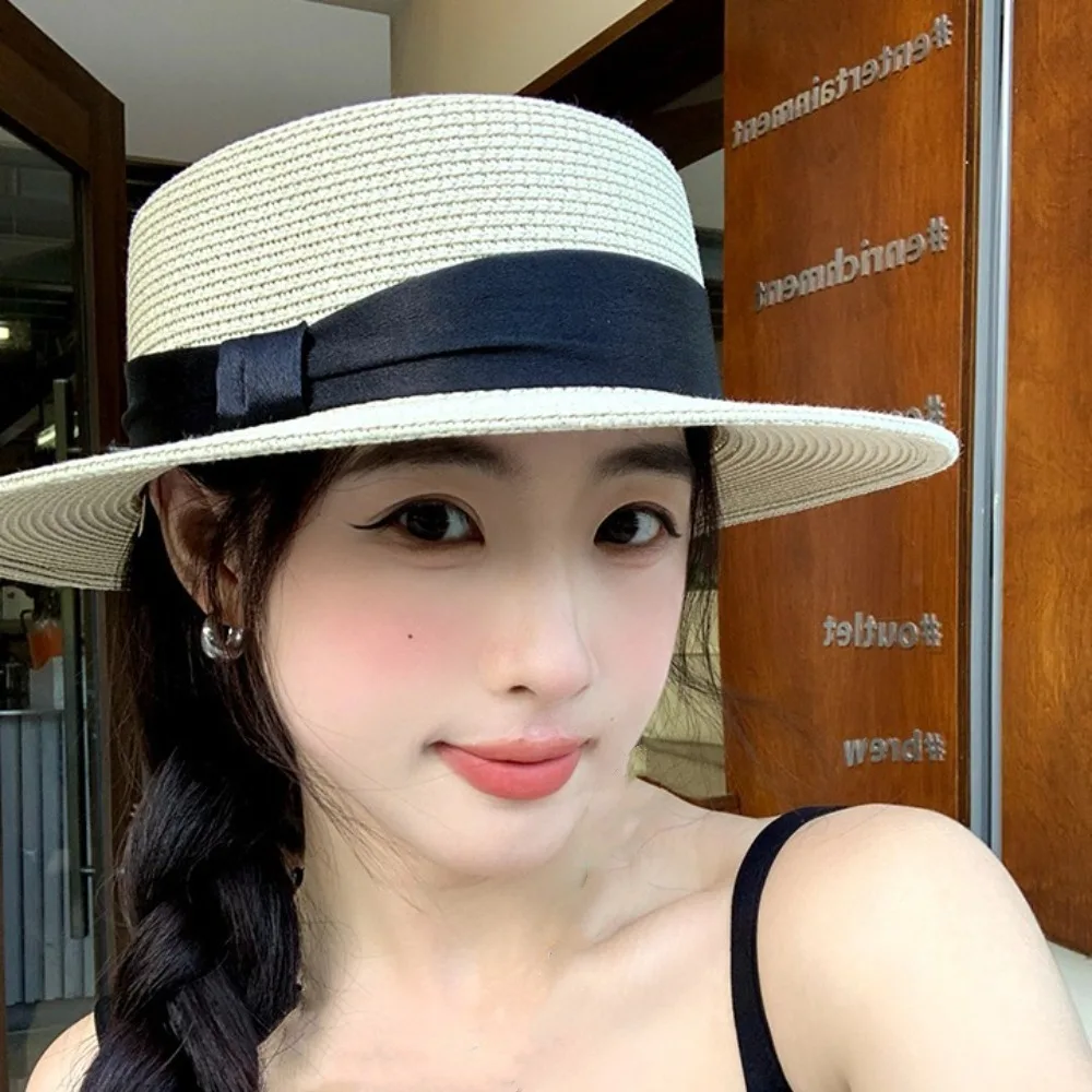Retro Elegant Straw Woven Hat French Style Wide Brim Beach Flat Top Hat Sunshade Breathable Women's Sun Hat Spring