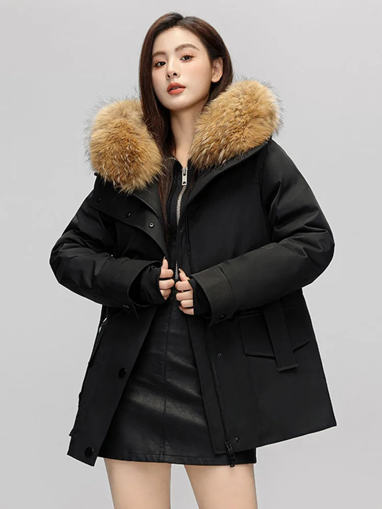 Natural large raccoon fur collar down jacket for women winter medium long raccoon fur warm parka jacket trendy