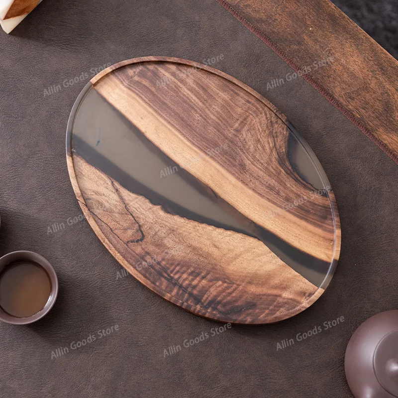Walnut dry brewing tray Household Japanese oval resin tea set tray Small solid wood  sea tea room tray