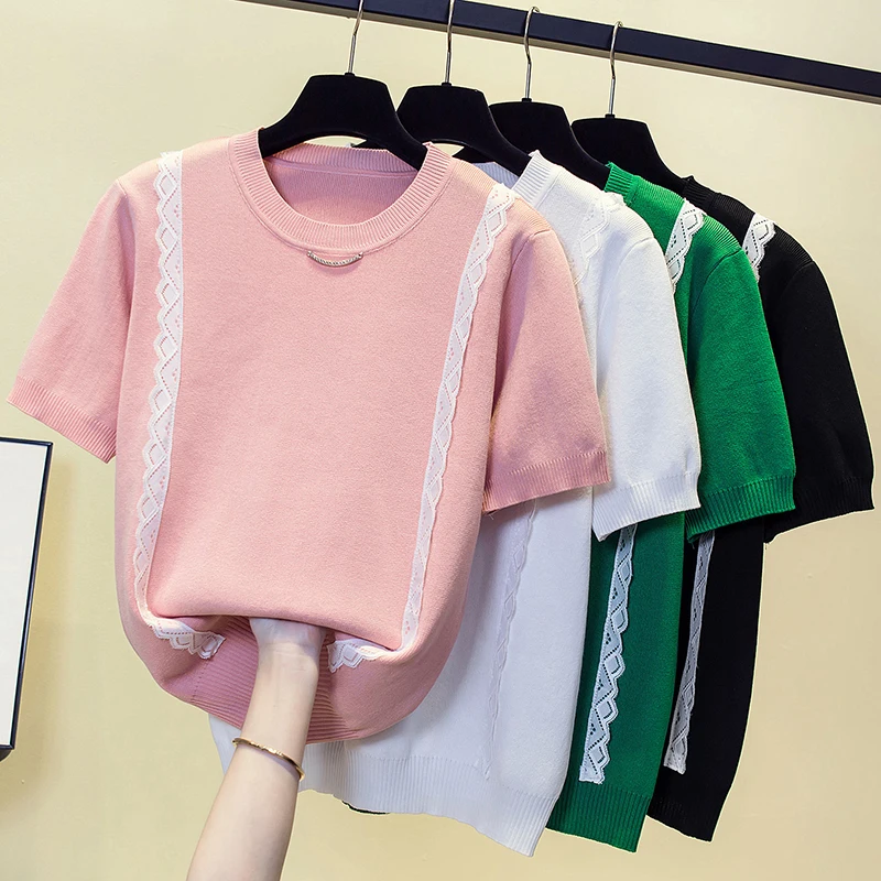 

Summer Lace Knitted Women Sweater Tops 2023 Single-breasted Stylish Fashoin Tops T-shirts Vintage Elegant Ladies Jumper Knitwear