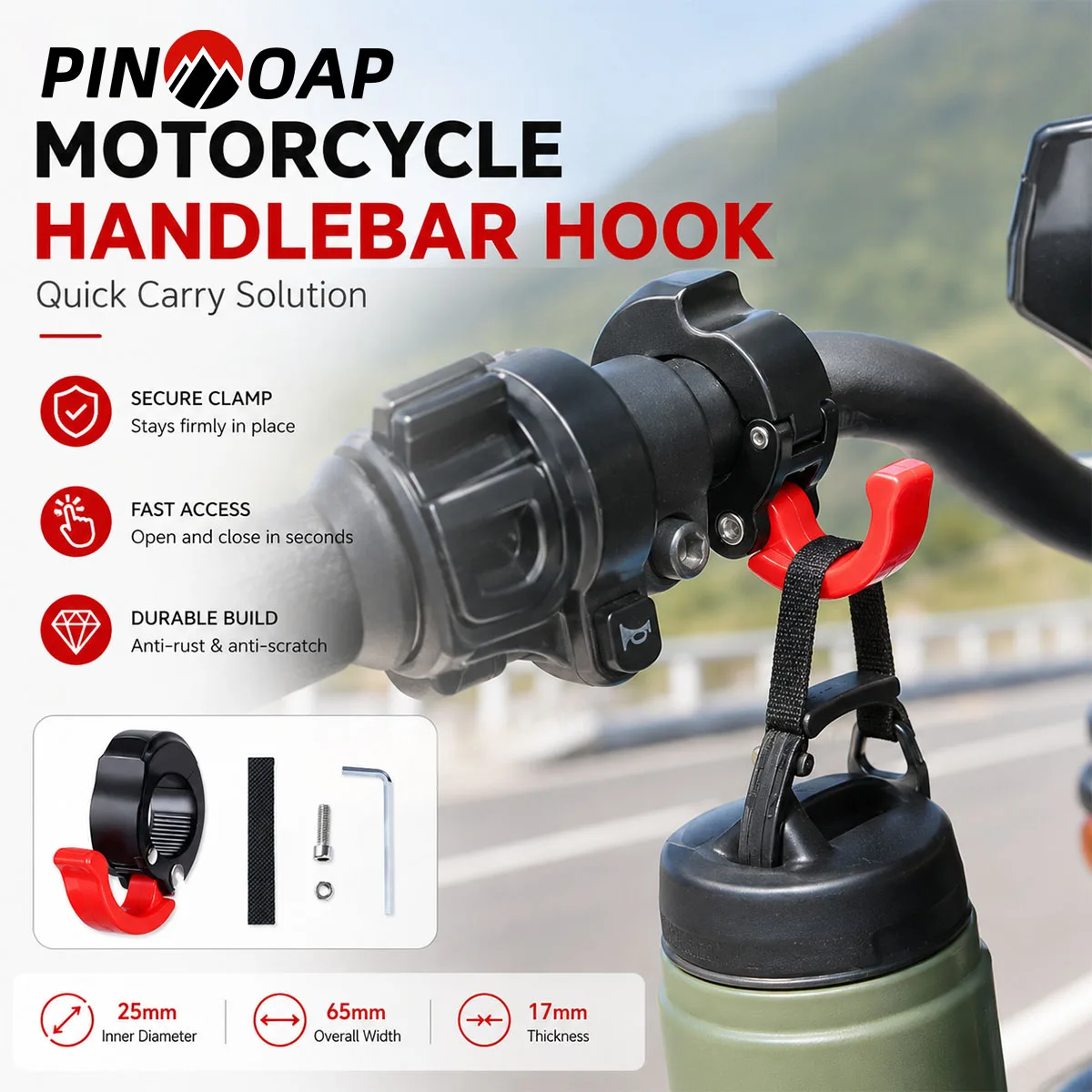 PINMOAP 1PC Motorcycle Bag Hooks No-Drill Handlebar Hanger With Anti-Slip Pad For Helmet Backpack Grocery Travel Daily Storage