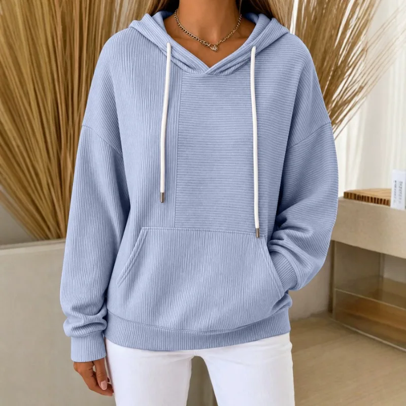 Women Solid Striped Patchwork Hoodie Drawstring Pocket Loose Long Sleeve Casual Autumn Top
