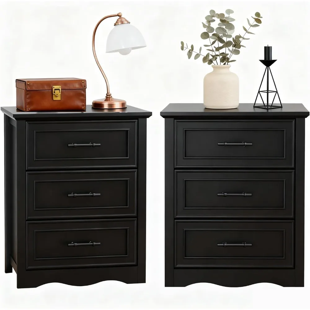 

Farmhouse Black Nightstand Set 2 for Bedroom, 28 Inch Wide End Table with 3 Large Drawers & Handles, Rustic Wood Sidetable