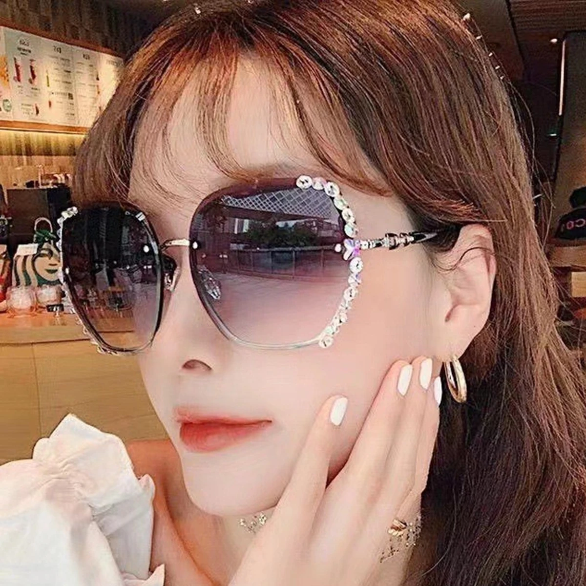 New Frameless Cut-out Sunglasses with A Trendy Large Frame, Black Sunglasses with Ocean-effect Lenses, Street Photography Sungla